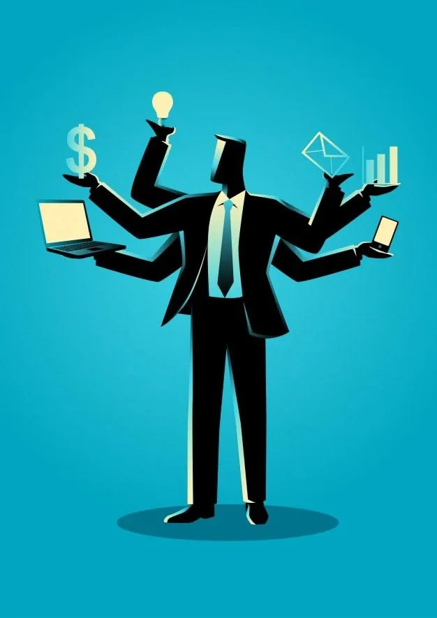 Silhouette of a businessman with many arms holding a laptop, phone, chart and money
