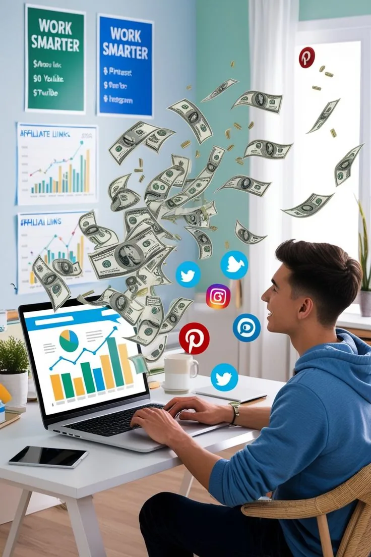 Young man at a laptop with analytics charts as banknotes and social icons fly around